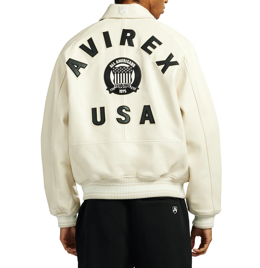 Men's White Lambskin Leather Varsity Bomber Jacket with Logo Appliqué