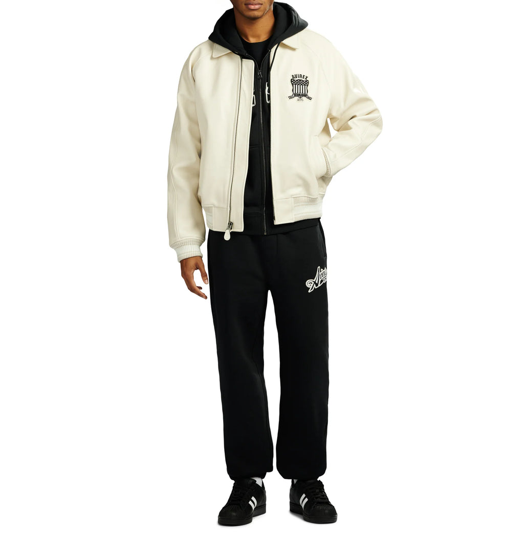 Men's White Lambskin Leather Varsity Bomber Jacket with Logo Appliqué