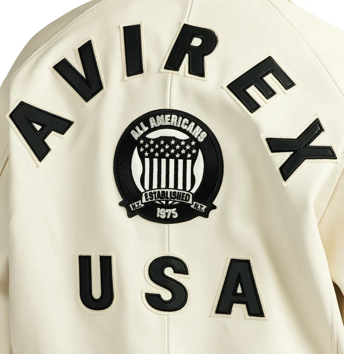 Men's White Lambskin Leather Varsity Bomber Jacket with Logo Appliqué