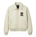 Men's White Lambskin Leather Varsity Bomber Jacket with Logo Appliqué