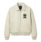 Men's White Lambskin Leather Varsity Bomber Jacket with Logo Appliqué