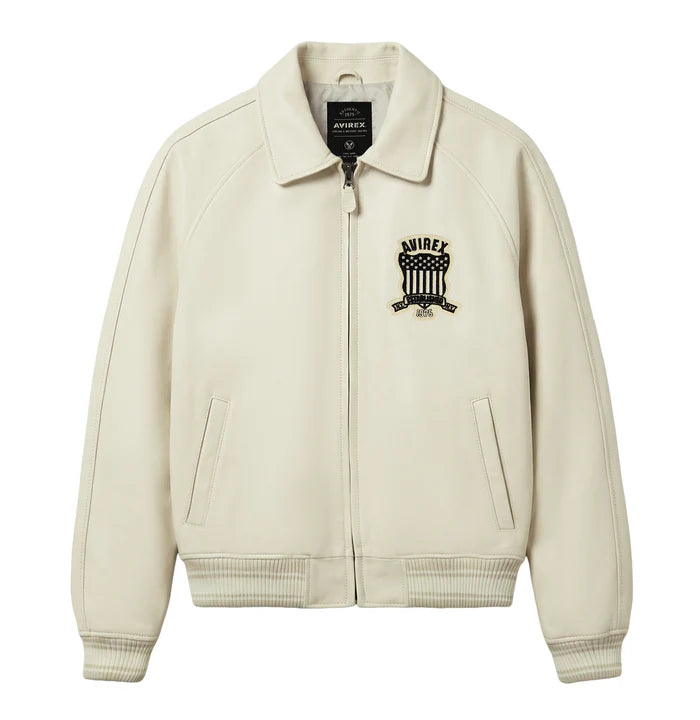 Men's White Lambskin Leather Varsity Bomber Jacket with Logo Appliqué