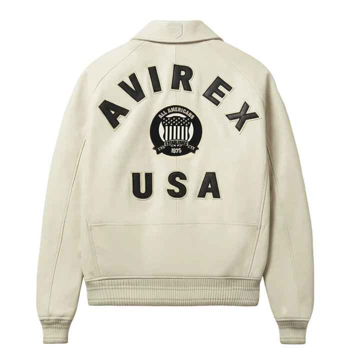 Men's White Lambskin Leather Varsity Bomber Jacket with Logo Appliqué
