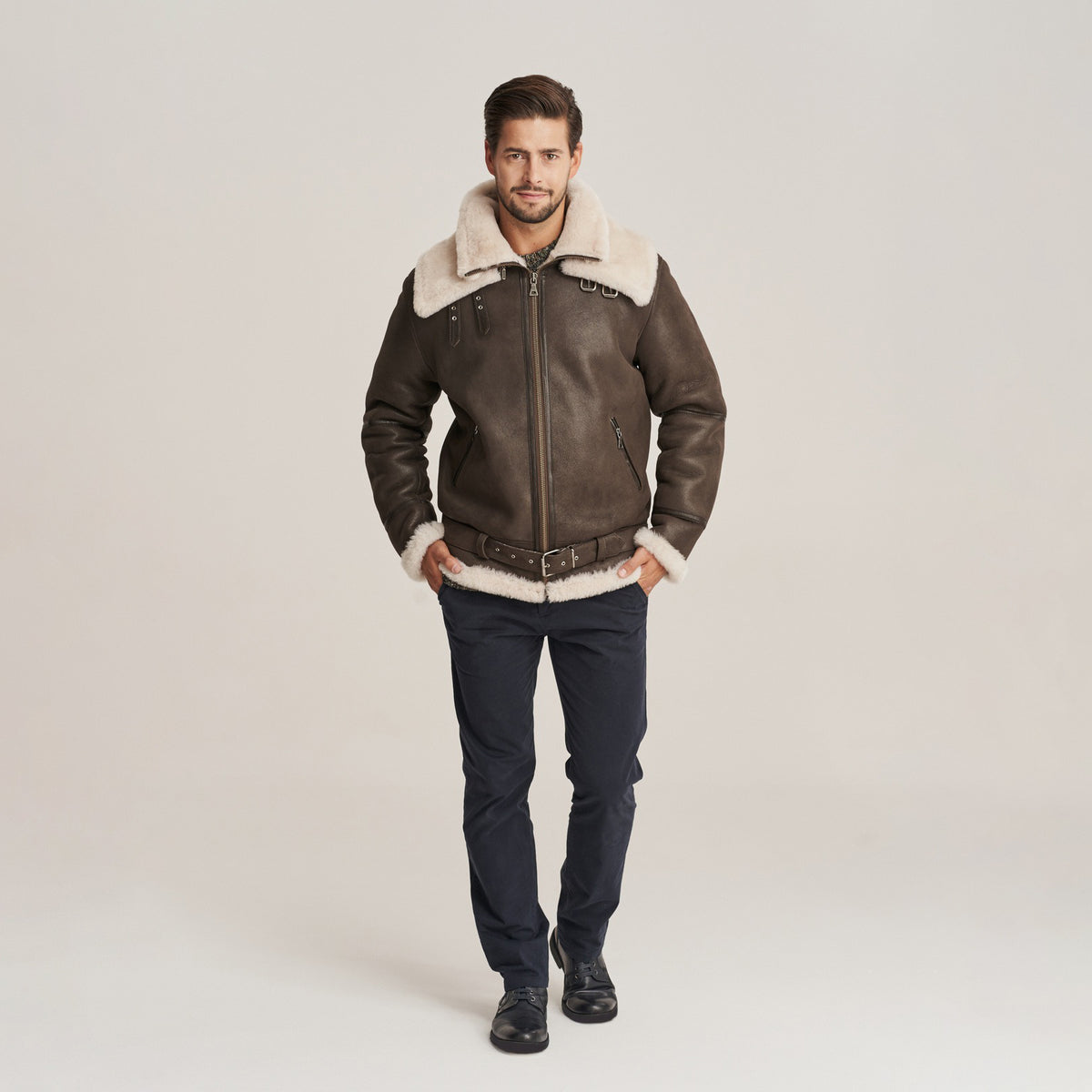 Men's Dark Brown B-3 Belted Shearling Flying Jacket