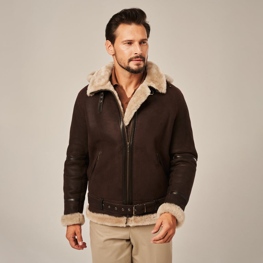 Men's Dark Brown Hooded B-3 Belted Shearling Leather Jacket