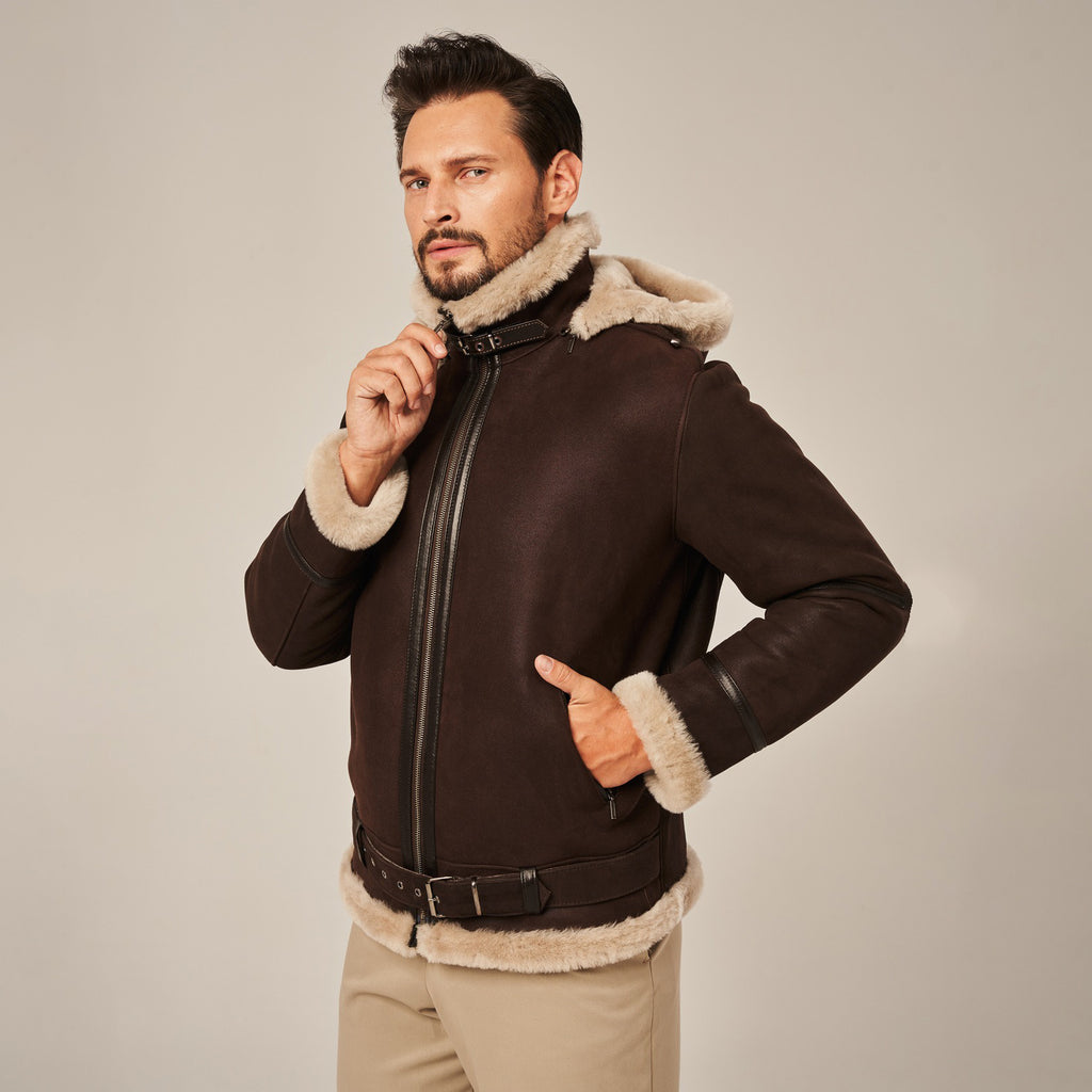 Men's Dark Brown Hooded B-3 Belted Shearling Leather Jacket
