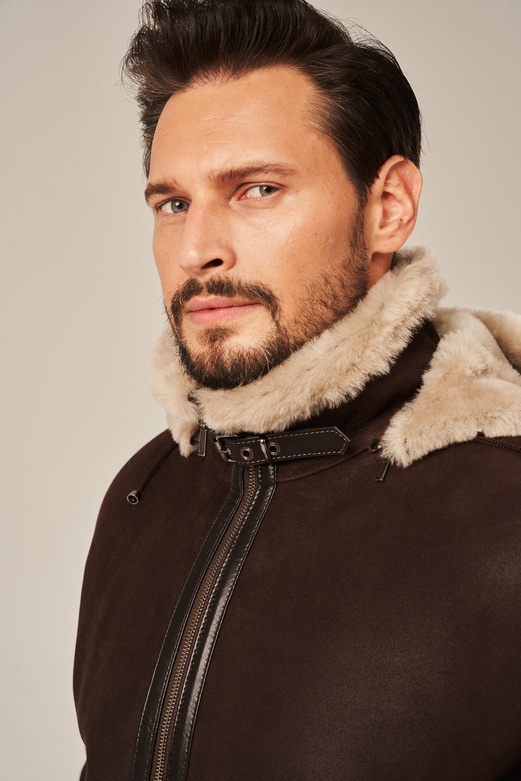 Men's Dark Brown Hooded B-3 Belted Shearling Leather Jacket