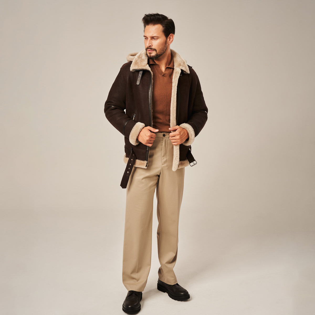 Men's Dark Brown Hooded B-3 Belted Shearling Leather Jacket
