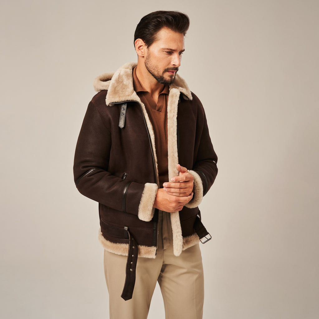 Men's Dark Brown Hooded B-3 Belted Shearling Leather Jacket