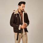 Men's Dark Brown Hooded B-3 Belted Shearling Leather Jacket