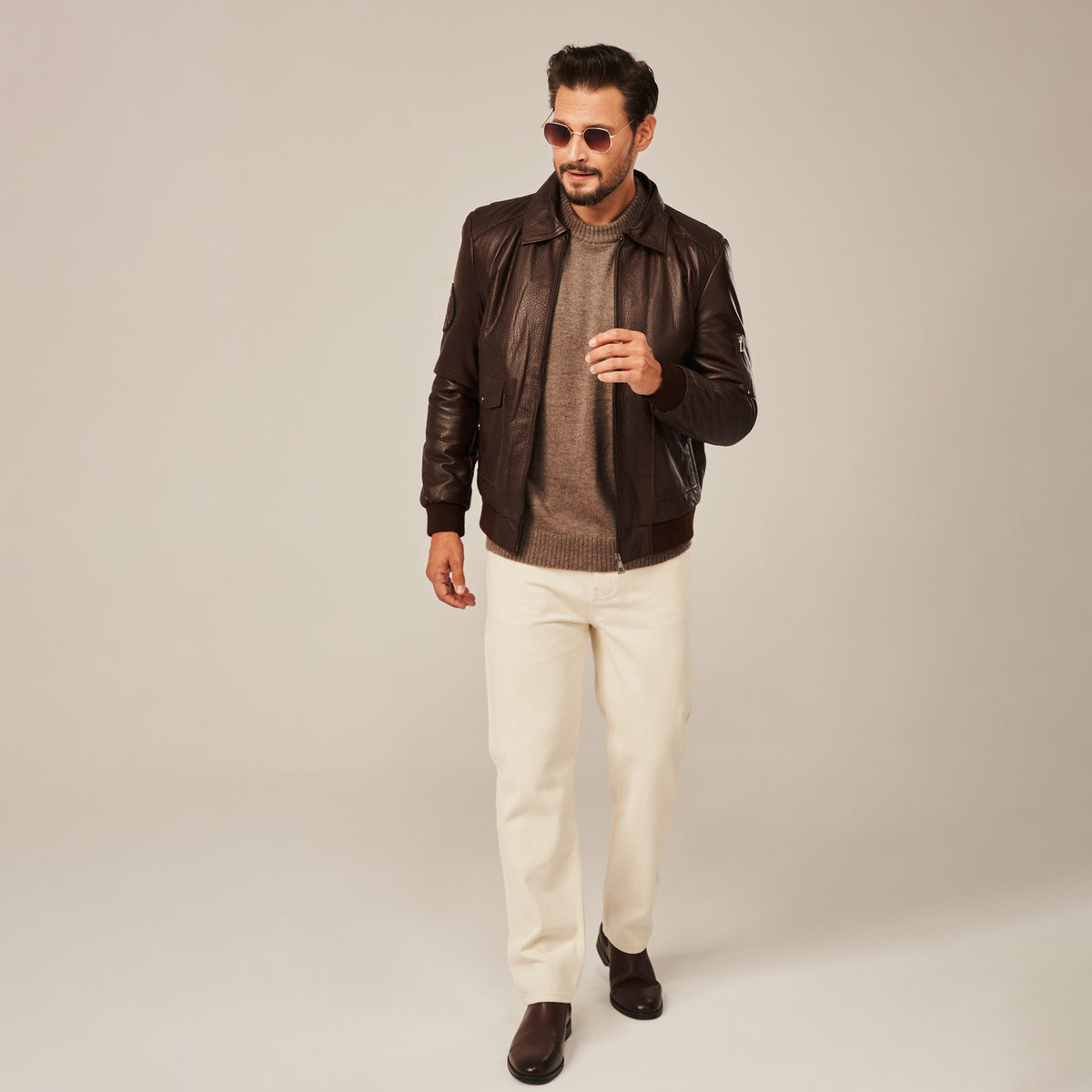 Men's Dark Brown Leather Aviator Flight Jacket