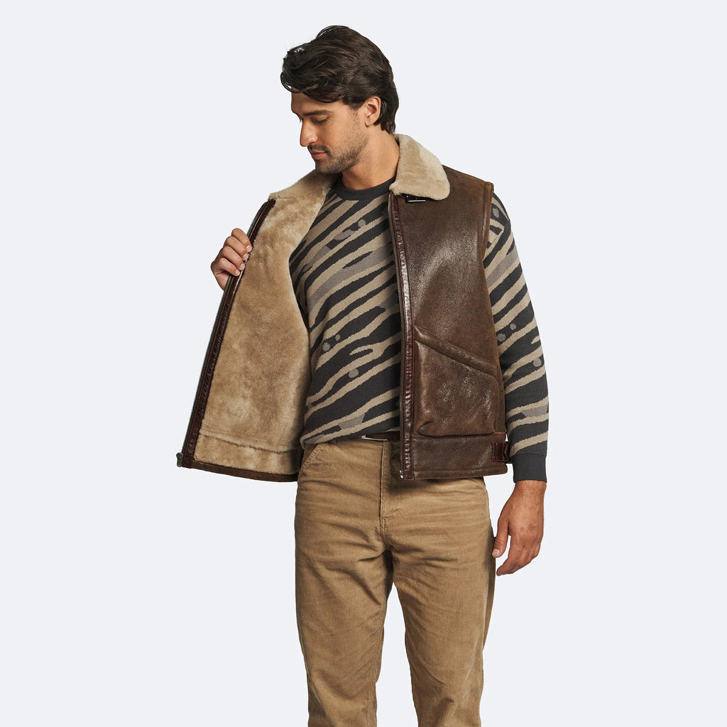 Men's Dark Brown Leather Shearling Lined Flight Vest