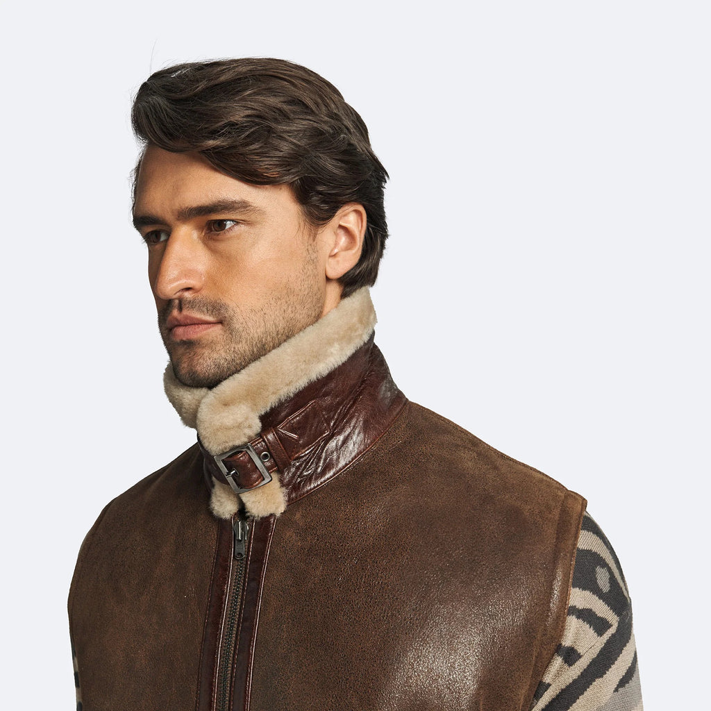 Men's Dark Brown Leather Shearling Lined Flight Vest