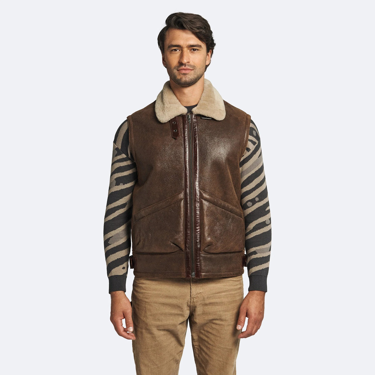 Men's Dark Brown Leather Shearling Lined Flight Vest
