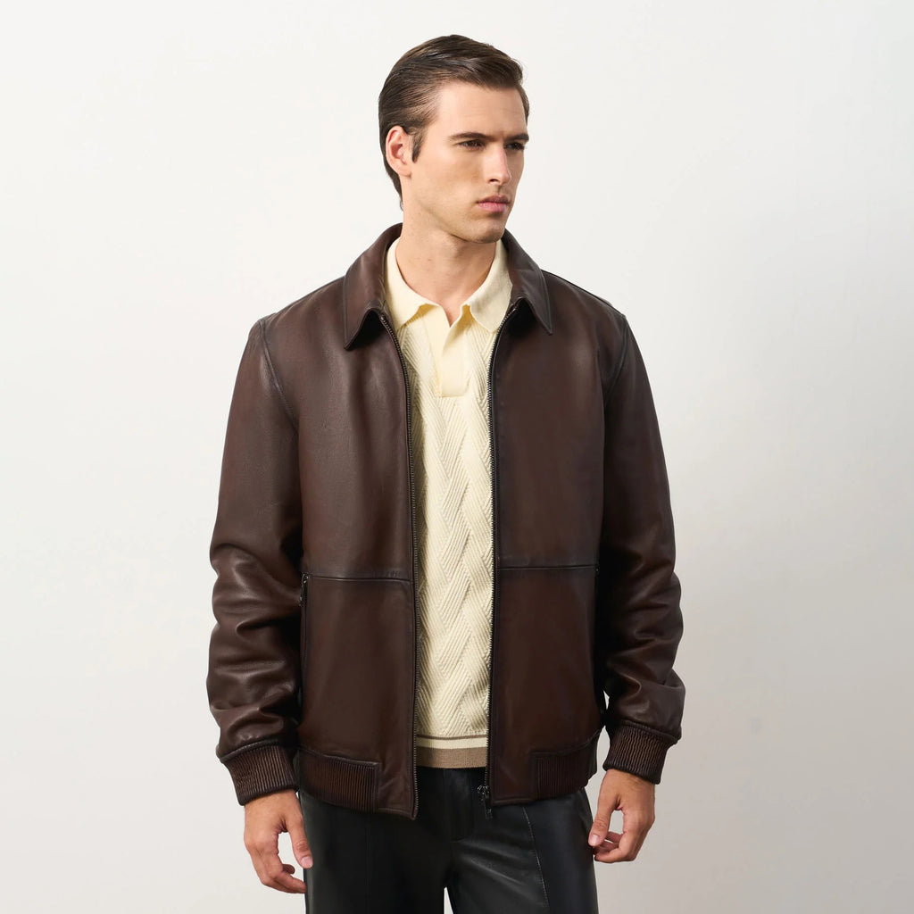 Men's Dark Brown Leather Shirt Collar Bomber Jacket