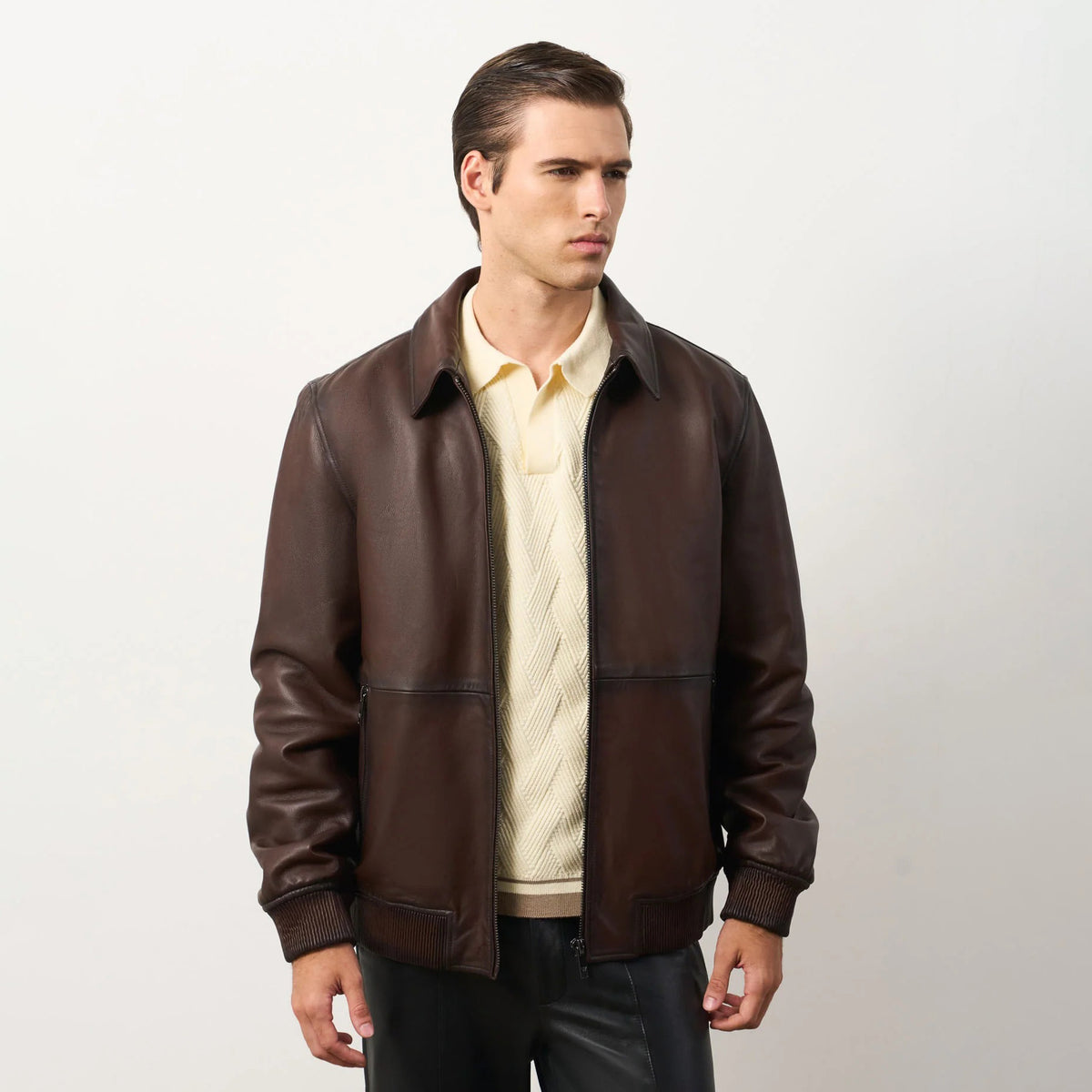 Men's Dark Brown Leather Shirt Collar Bomber Jacket