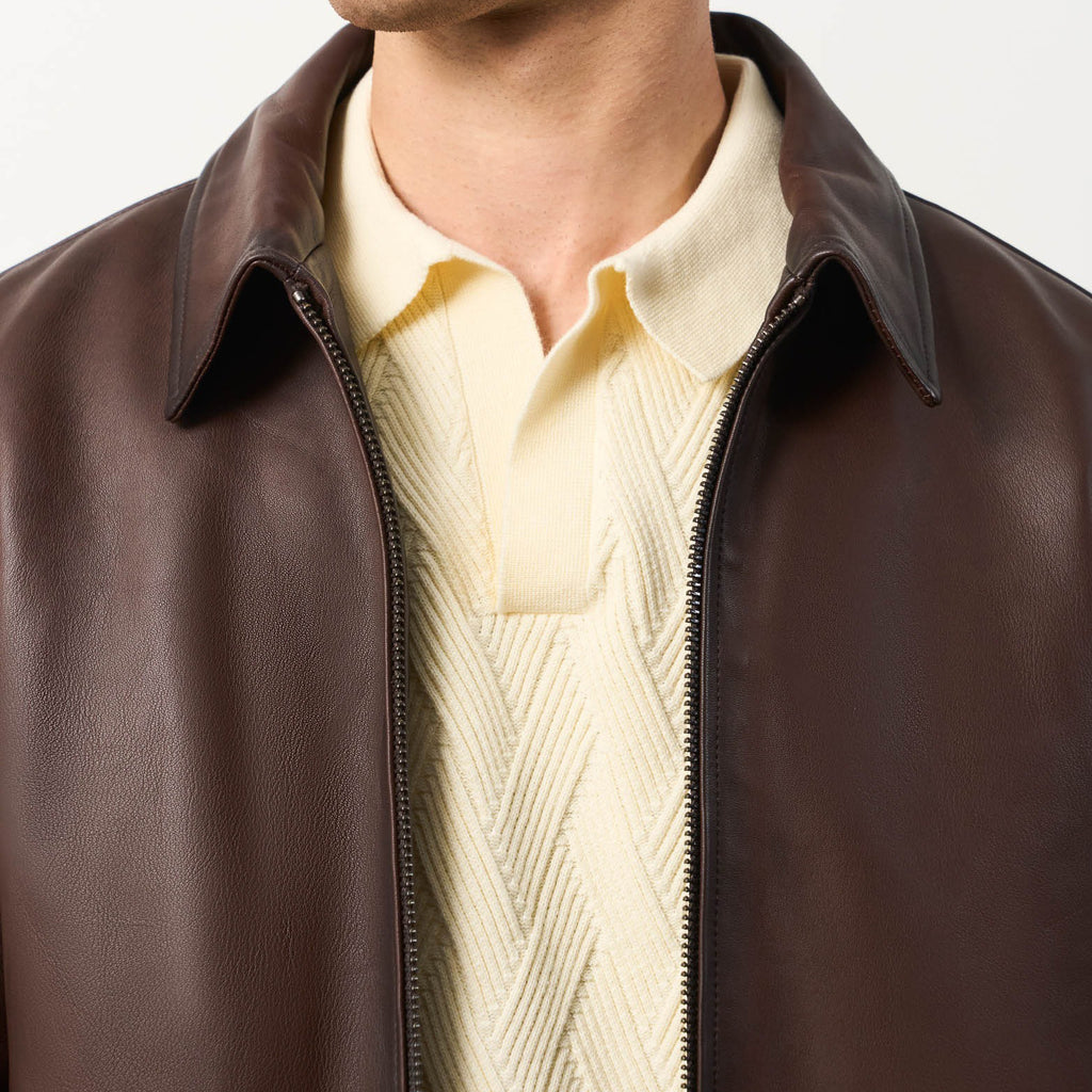 Men's Dark Brown Leather Shirt Collar Bomber Jacket