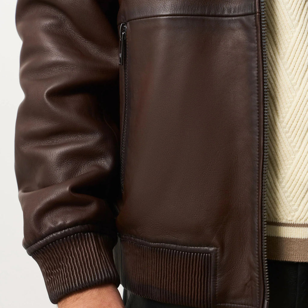 Men's Dark Brown Leather Shirt Collar Bomber Jacket