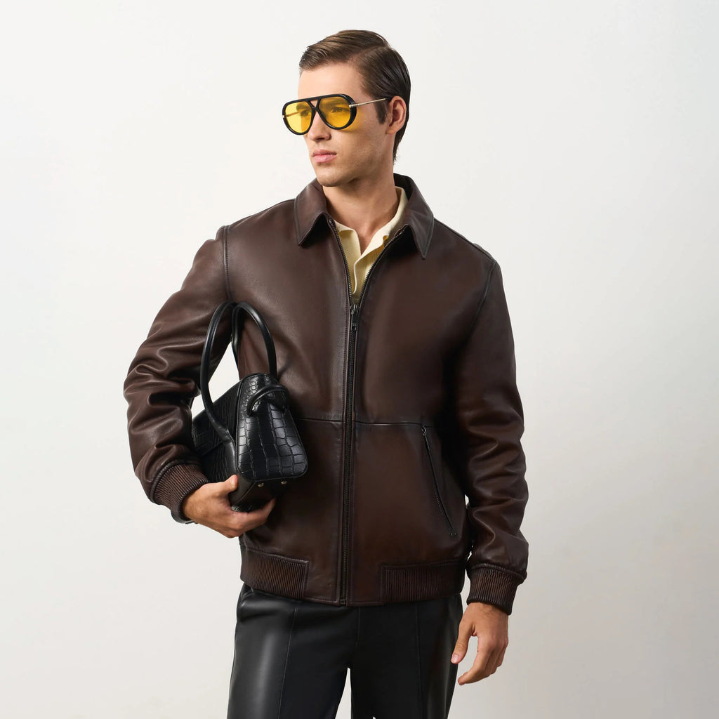Men's Dark Brown Leather Shirt Collar Bomber Jacket