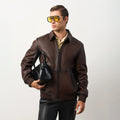 Men's Dark Brown Leather Shirt Collar Bomber Jacket