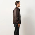 Men's Dark Brown Leather Shirt Collar Bomber Jacket