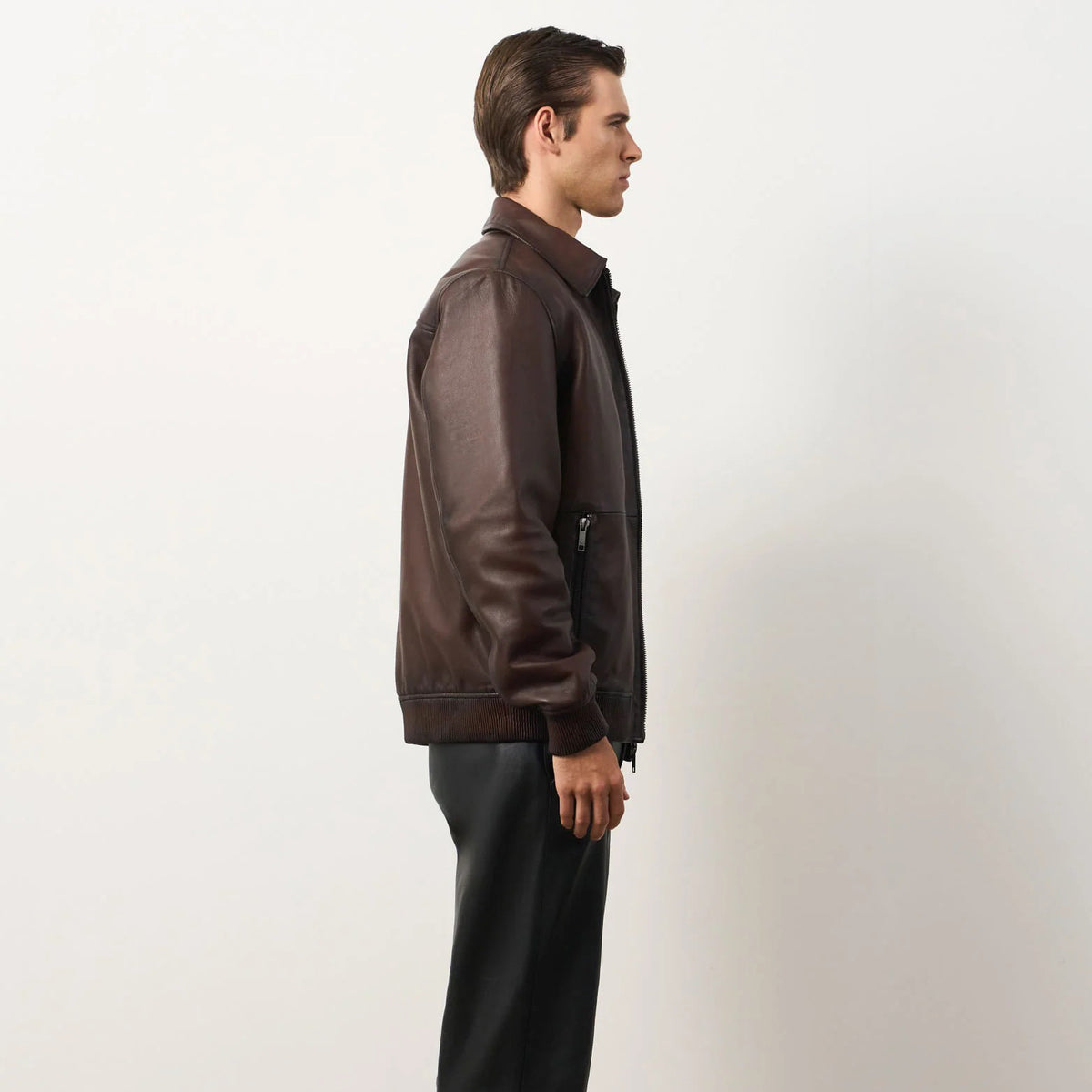 Men's Dark Brown Leather Shirt Collar Bomber Jacket