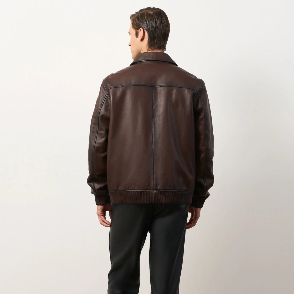 Men's Dark Brown Leather Shirt Collar Bomber Jacket