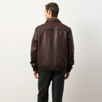 Men's Dark Brown Leather Shirt Collar Bomber Jacket