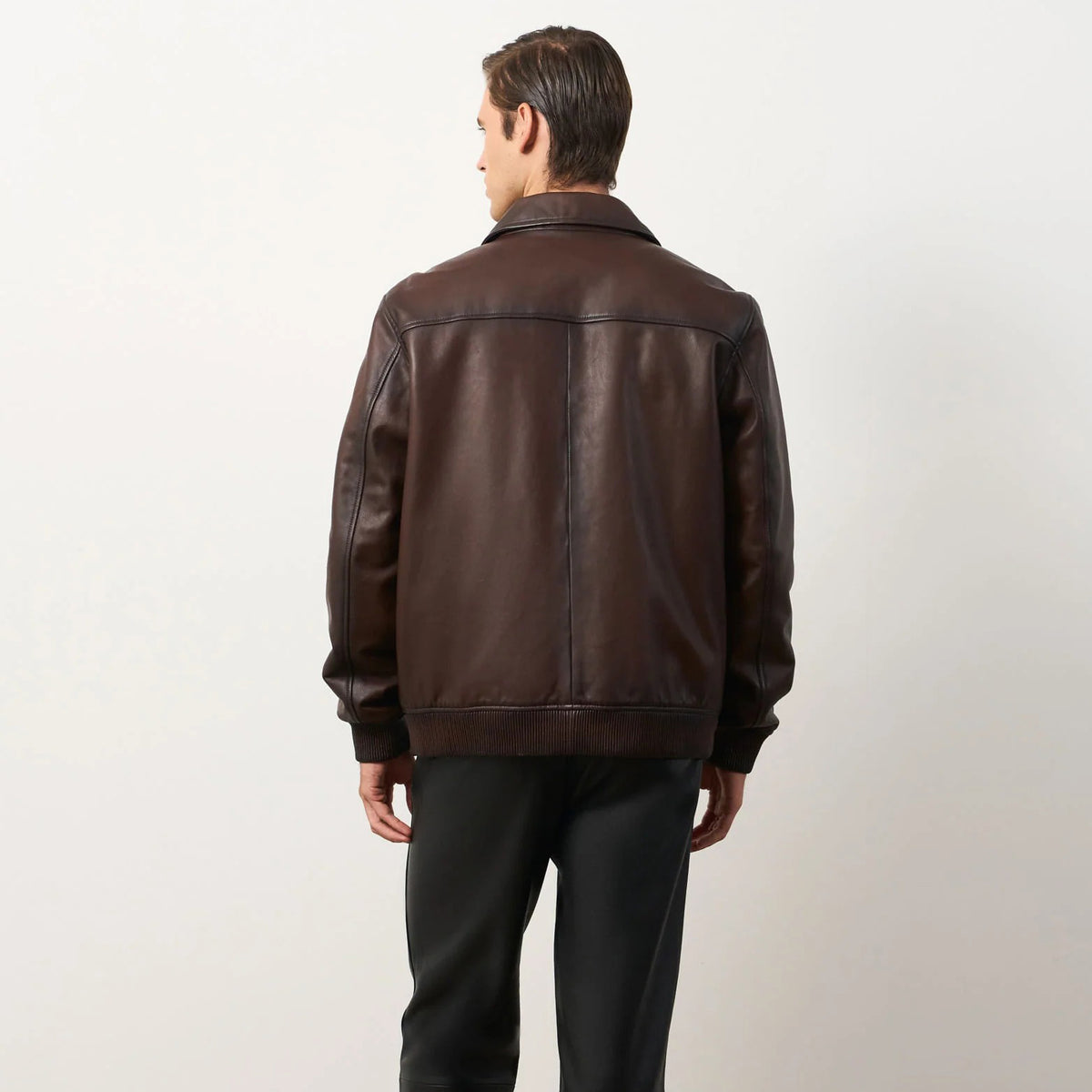 Men's Dark Brown Leather Shirt Collar Bomber Jacket