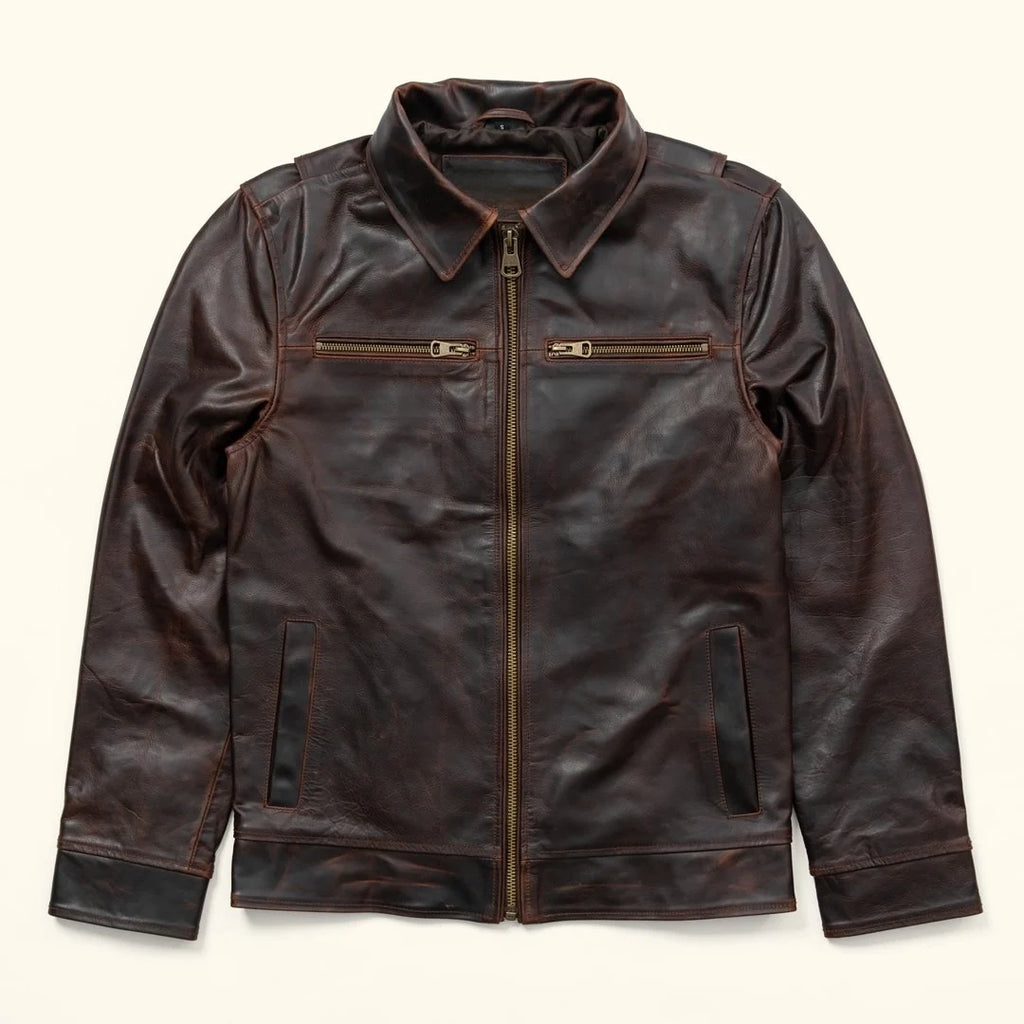 Men's Dark Distressed Brown Leather Shirt Collar Jacket