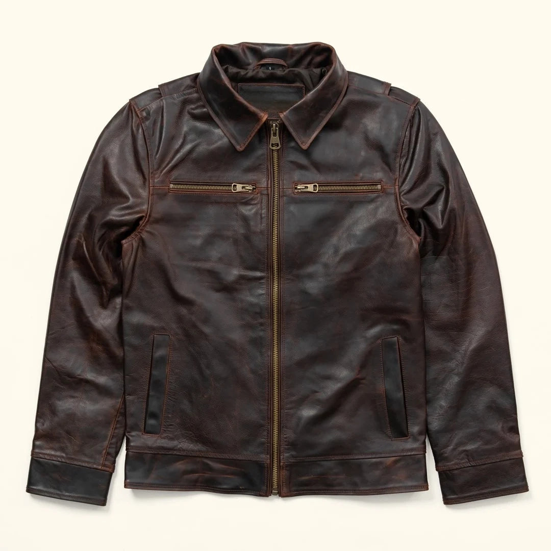 Men's Dark Distressed Brown Leather Shirt Collar Jacket