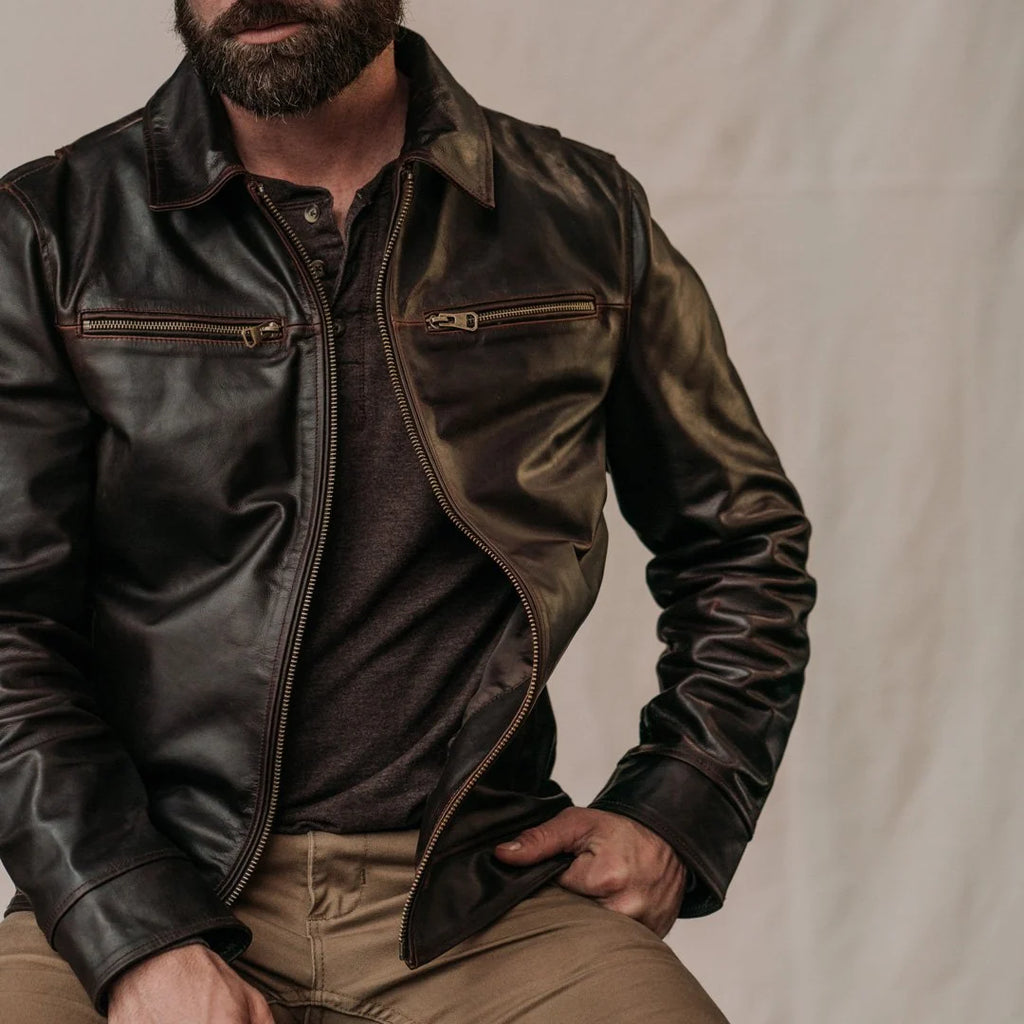 Men's Dark Distressed Brown Leather Shirt Collar Jacket