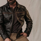 Men's Dark Distressed Brown Leather Shirt Collar Jacket