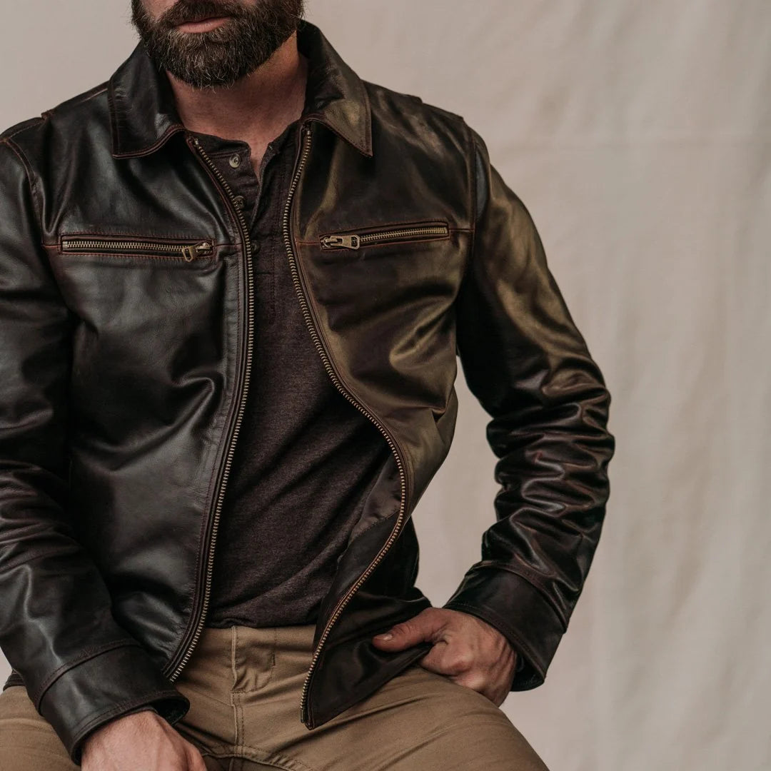 Men's Dark Distressed Brown Leather Shirt Collar Jacket