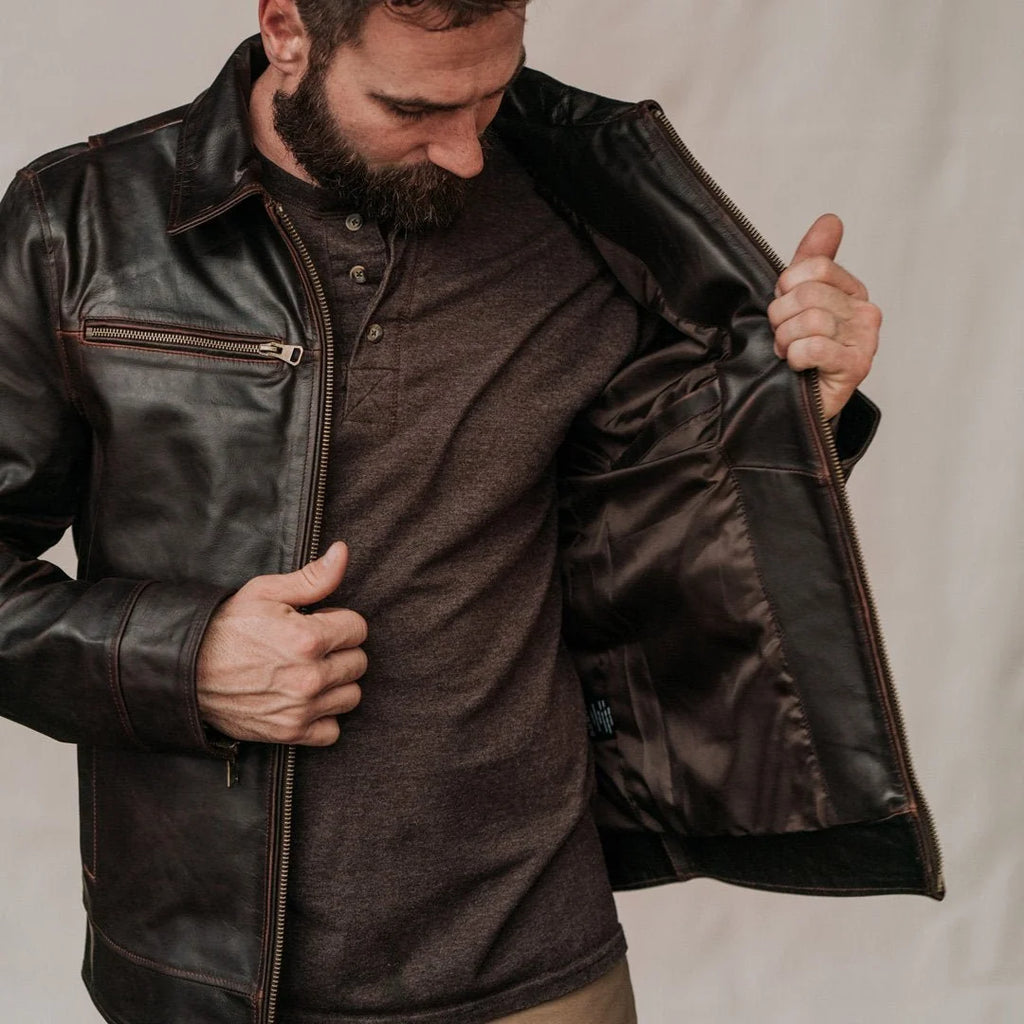 Men's Dark Distressed Brown Leather Shirt Collar Jacket