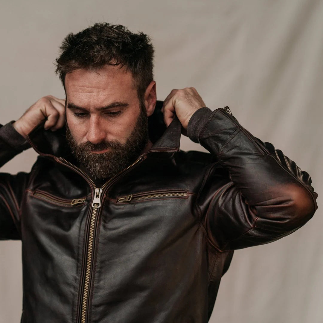 Men's Dark Distressed Brown Leather Shirt Collar Jacket