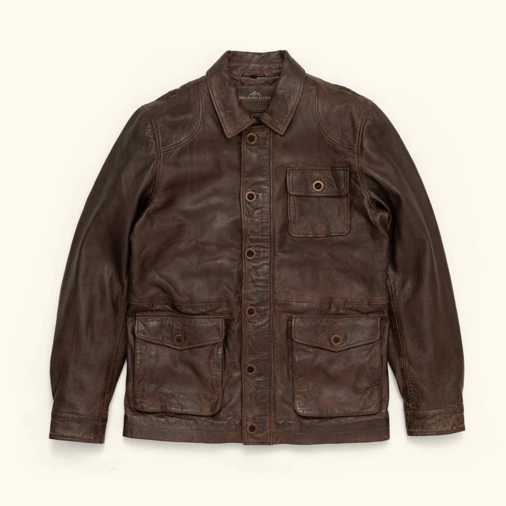 Men's Distressed Brown Leather Barn Chore Coat