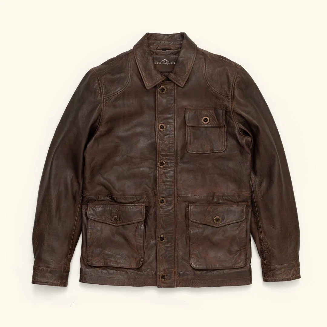 Men's Distressed Brown Leather Barn Chore Coat