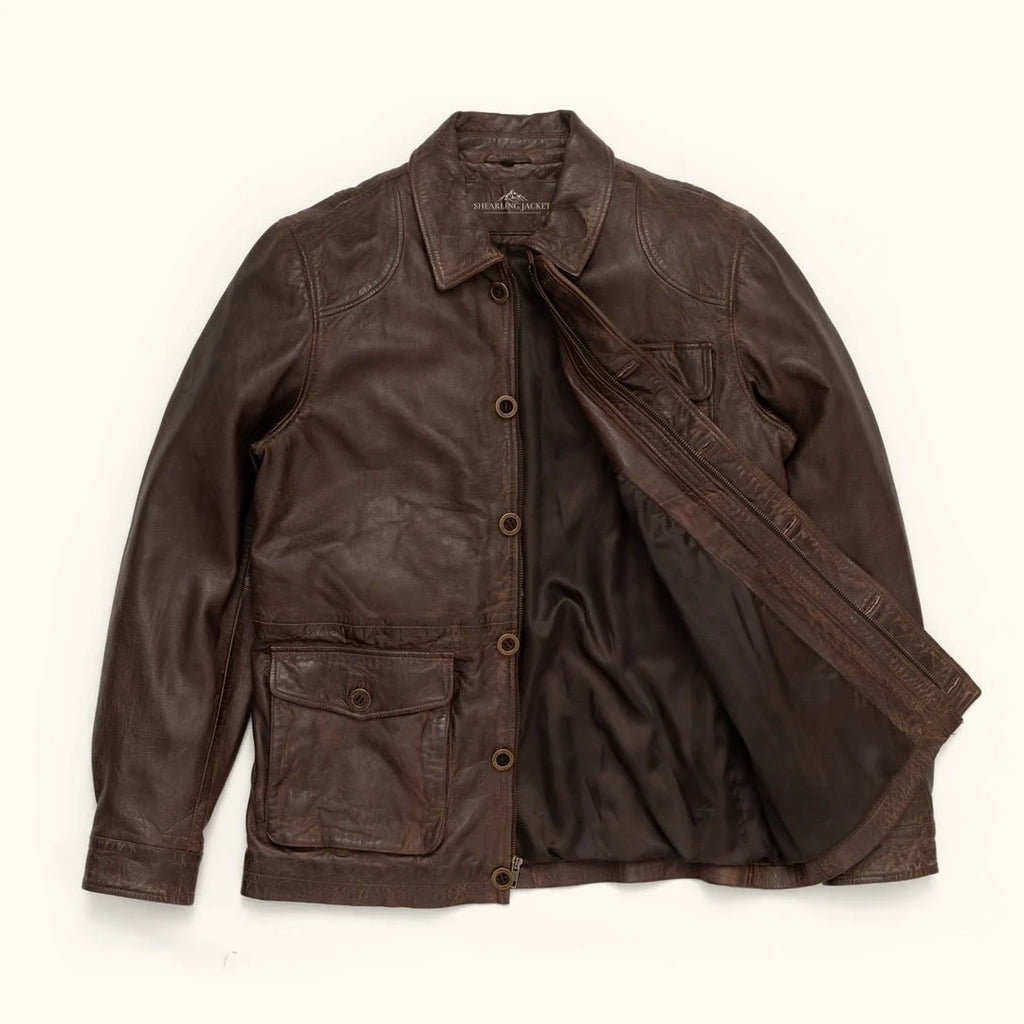 Men's Distressed Brown Leather Barn Chore Coat