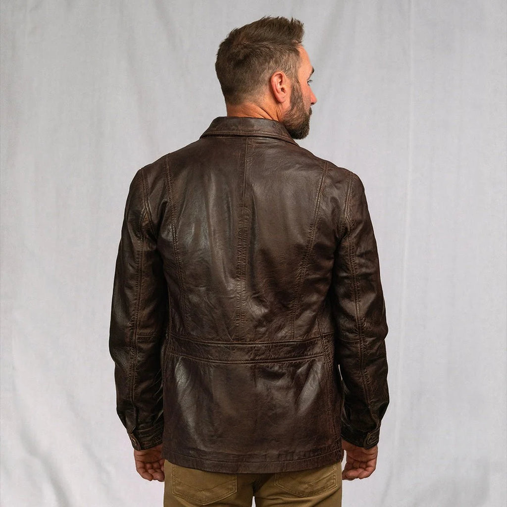 Men's Distressed Brown Leather Barn Chore Coat