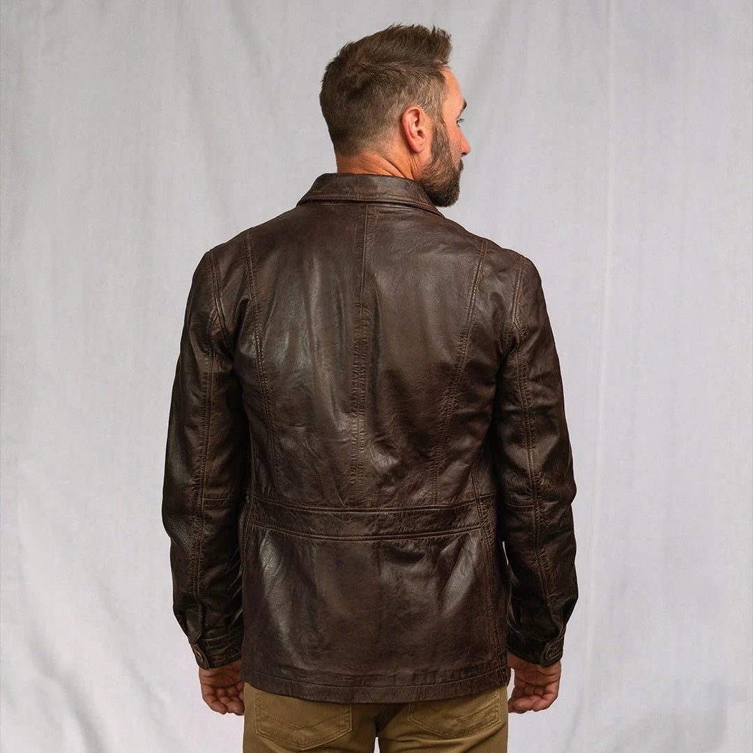 Men's Distressed Brown Leather Barn Chore Coat