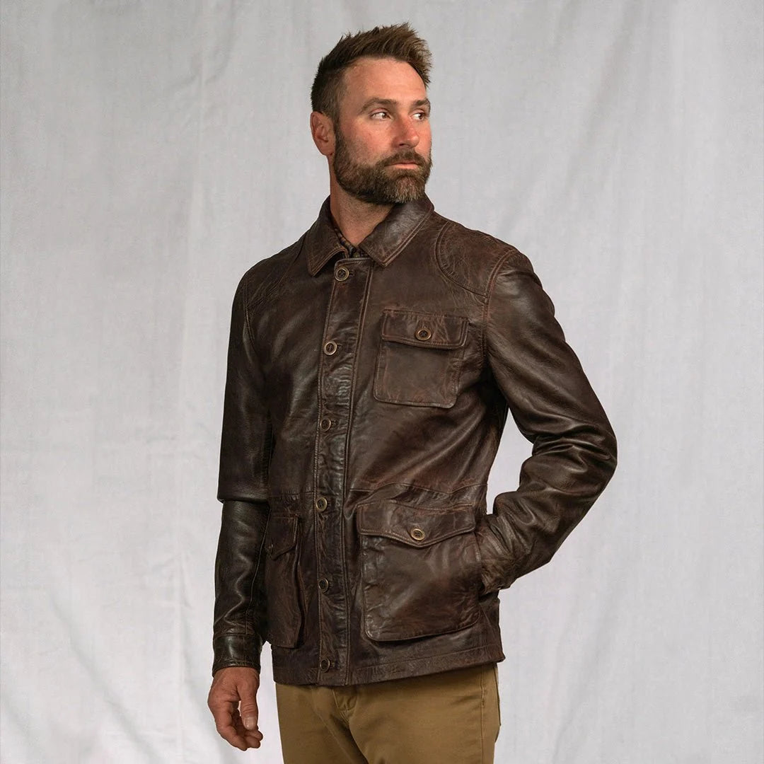 Men's Distressed Brown Leather Barn Chore Coat