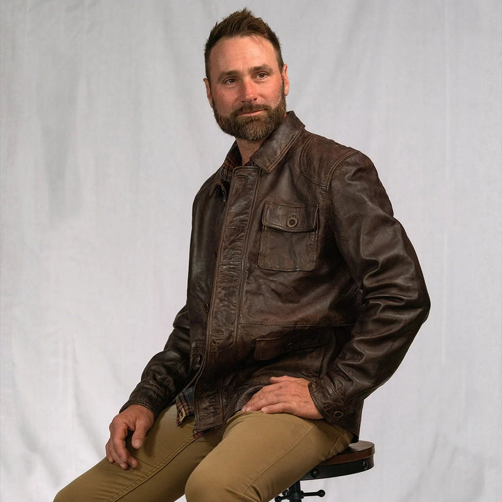 Men's Distressed Brown Leather Barn Chore Coat