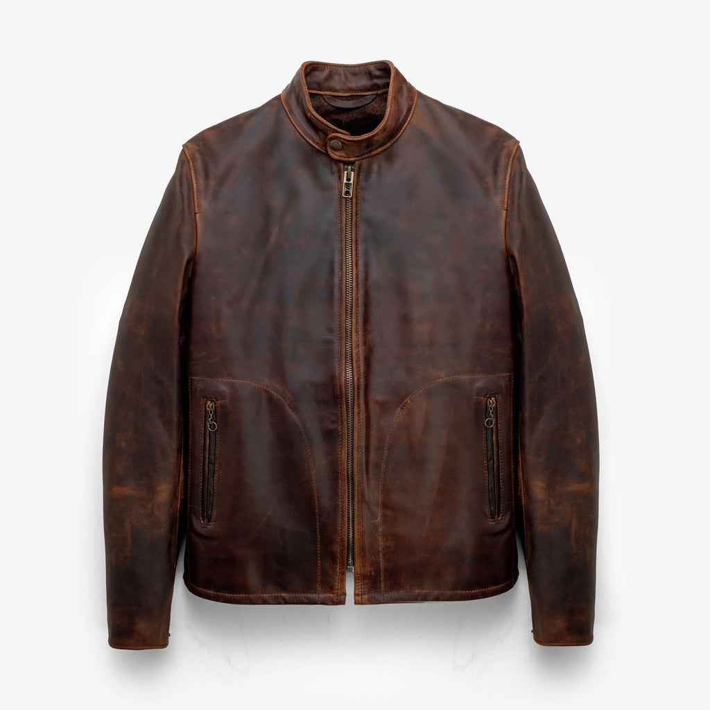 Men's Distressed Brown Leather Cafe Racer Jacket