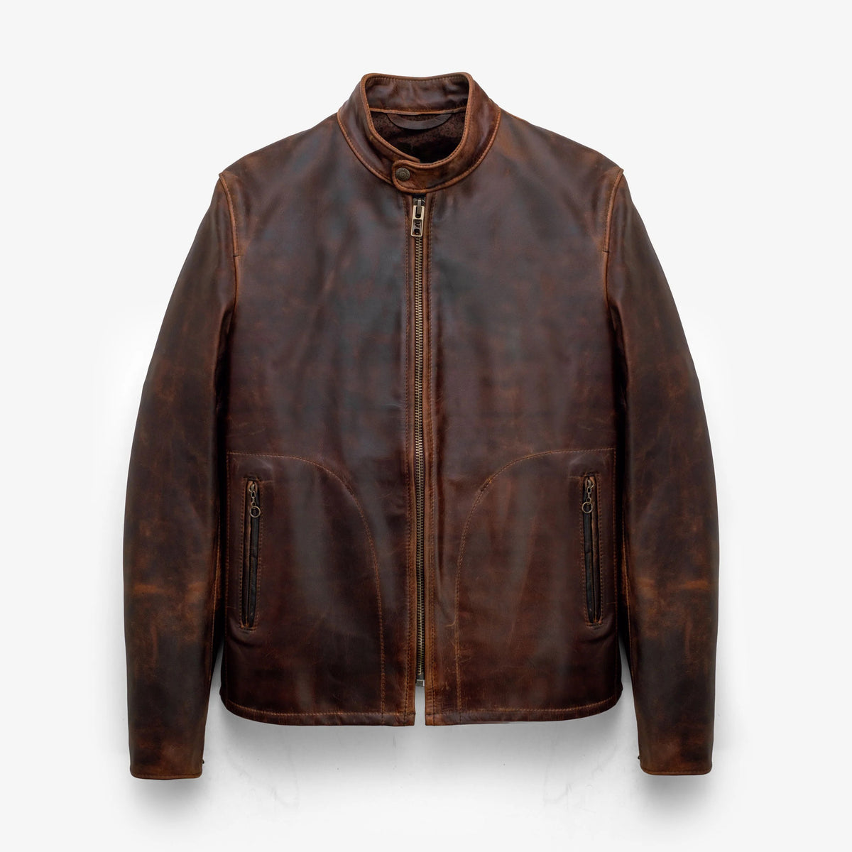 Men's Distressed Brown Leather Cafe Racer Jacket