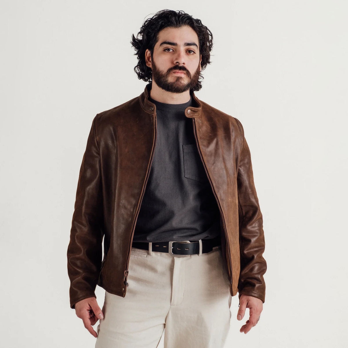 Men's Distressed Brown Leather Cafe Racer Jacket