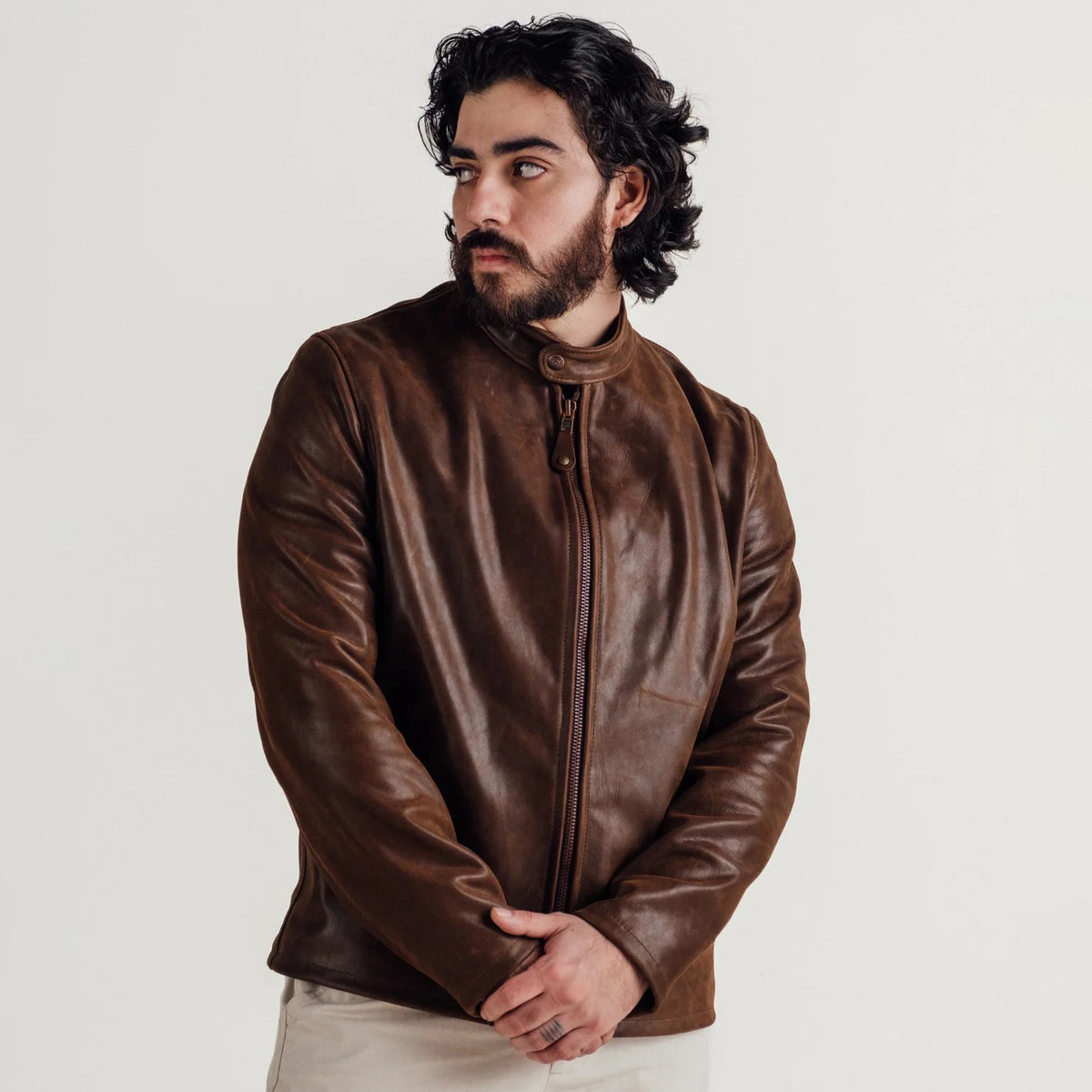 Men's Distressed Brown Leather Cafe Racer Jacket