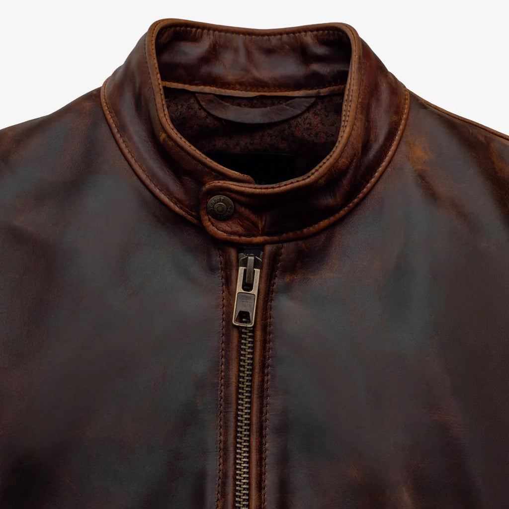 Men's Distressed Brown Leather Cafe Racer Jacket