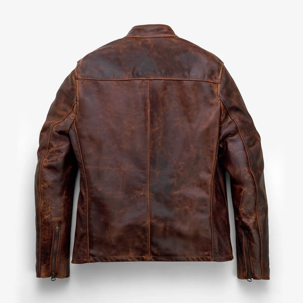 Men's Distressed Brown Leather Cafe Racer Jacket
