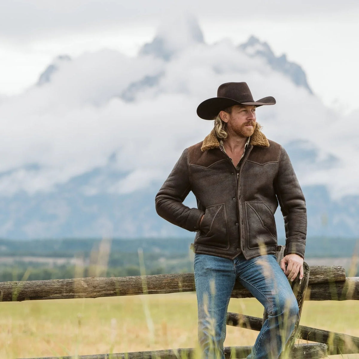 Men's Distressed Brown Western Shearling Leather Jacket